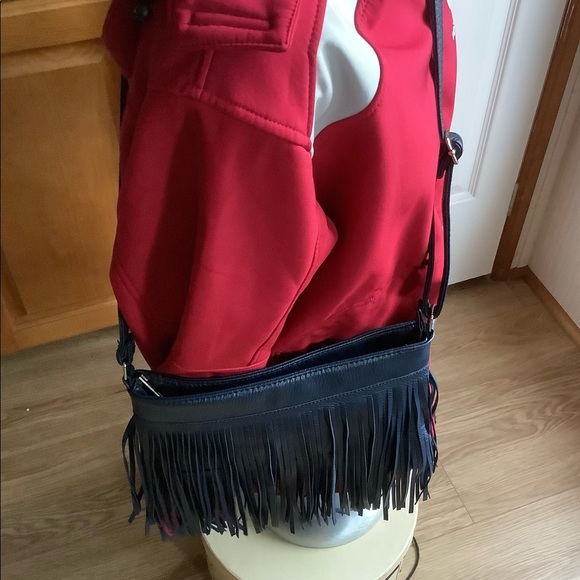 Navy Blue Faux Leather Fringe Cross Body Purse - Picture 4 of 5